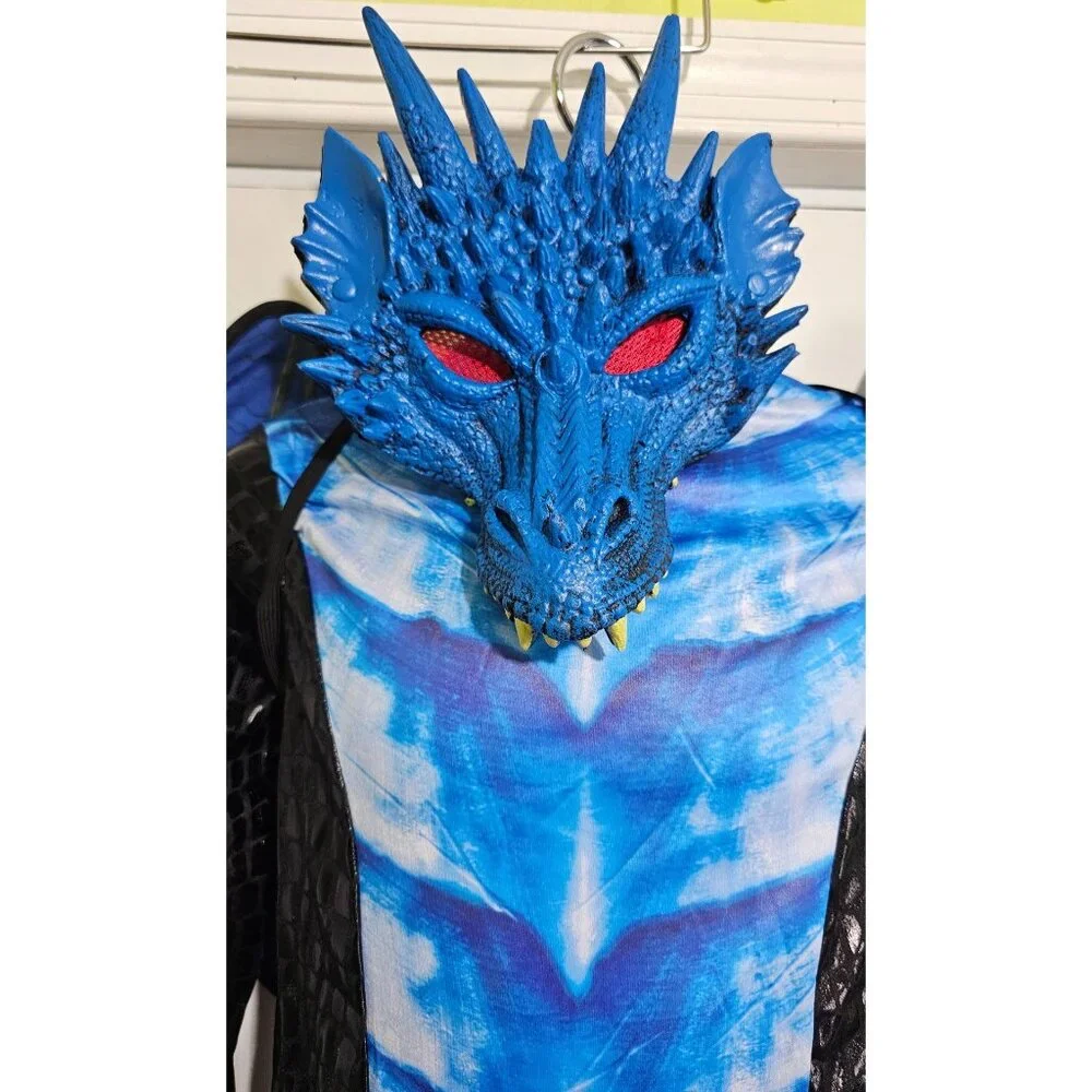 Deadly Dragon Kids Costume Black Blue scales Mask Tail Wings Halloween Boys 8-10